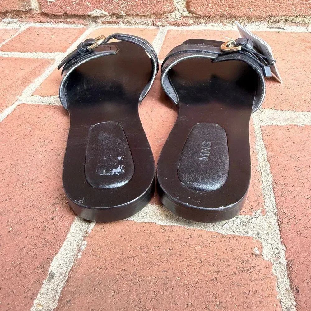 MNG by Mango Women's Buckle Leather Sandals Open Toe Black Size 39 NEW
